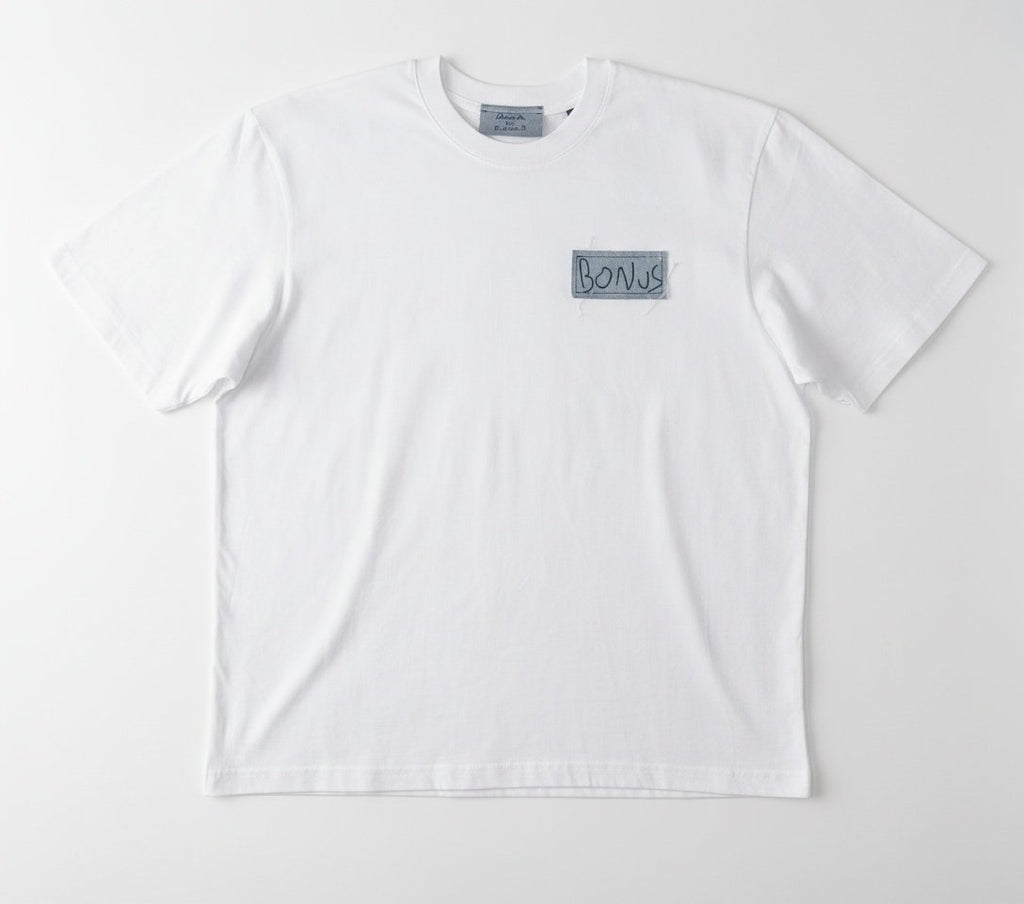 white handmade streetwear t-shirt on model