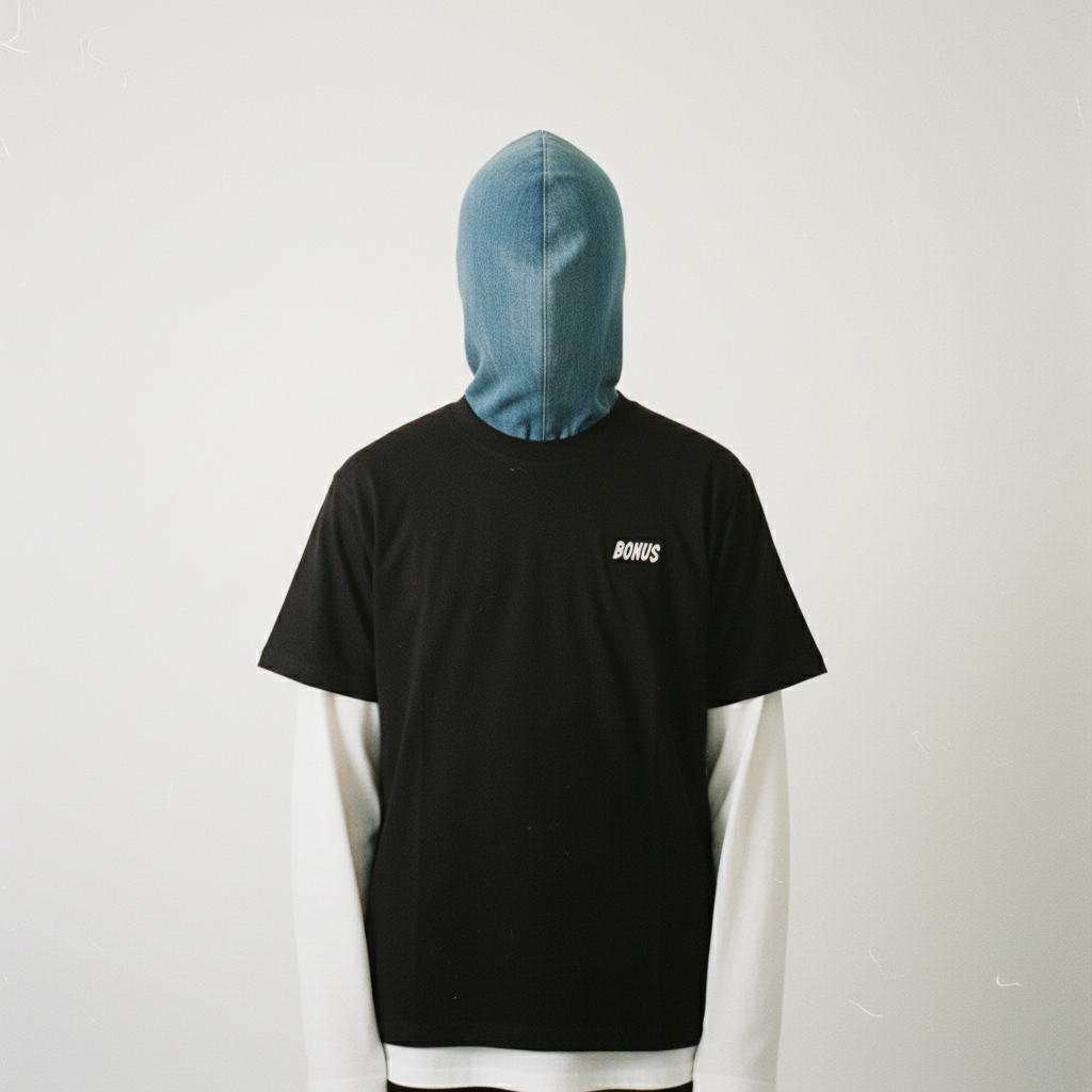 Front view of black streetwear T-shirt by BONUS — premium cotton. unisex t shirt with denim embroidery.