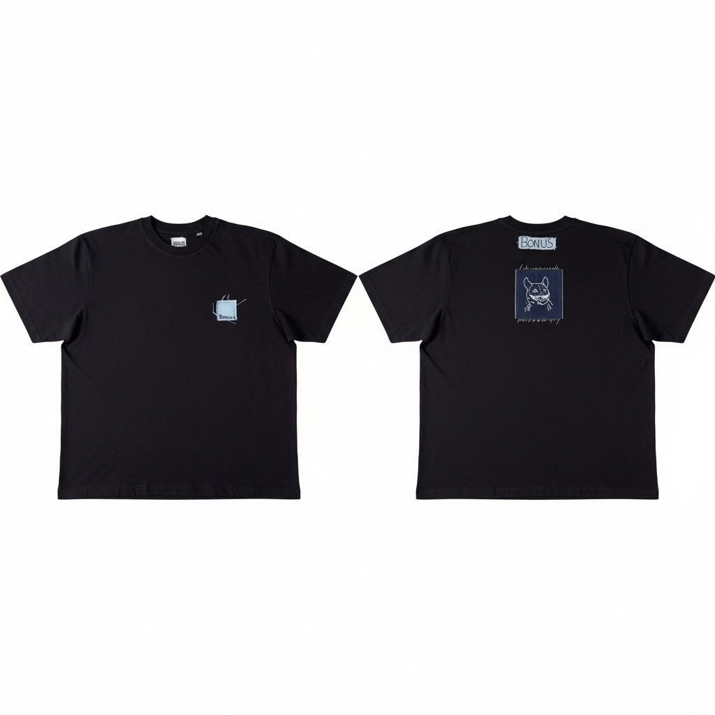 BONUS label on black T-shirt — artisanal streetwear apparel — detailed embroidered details 