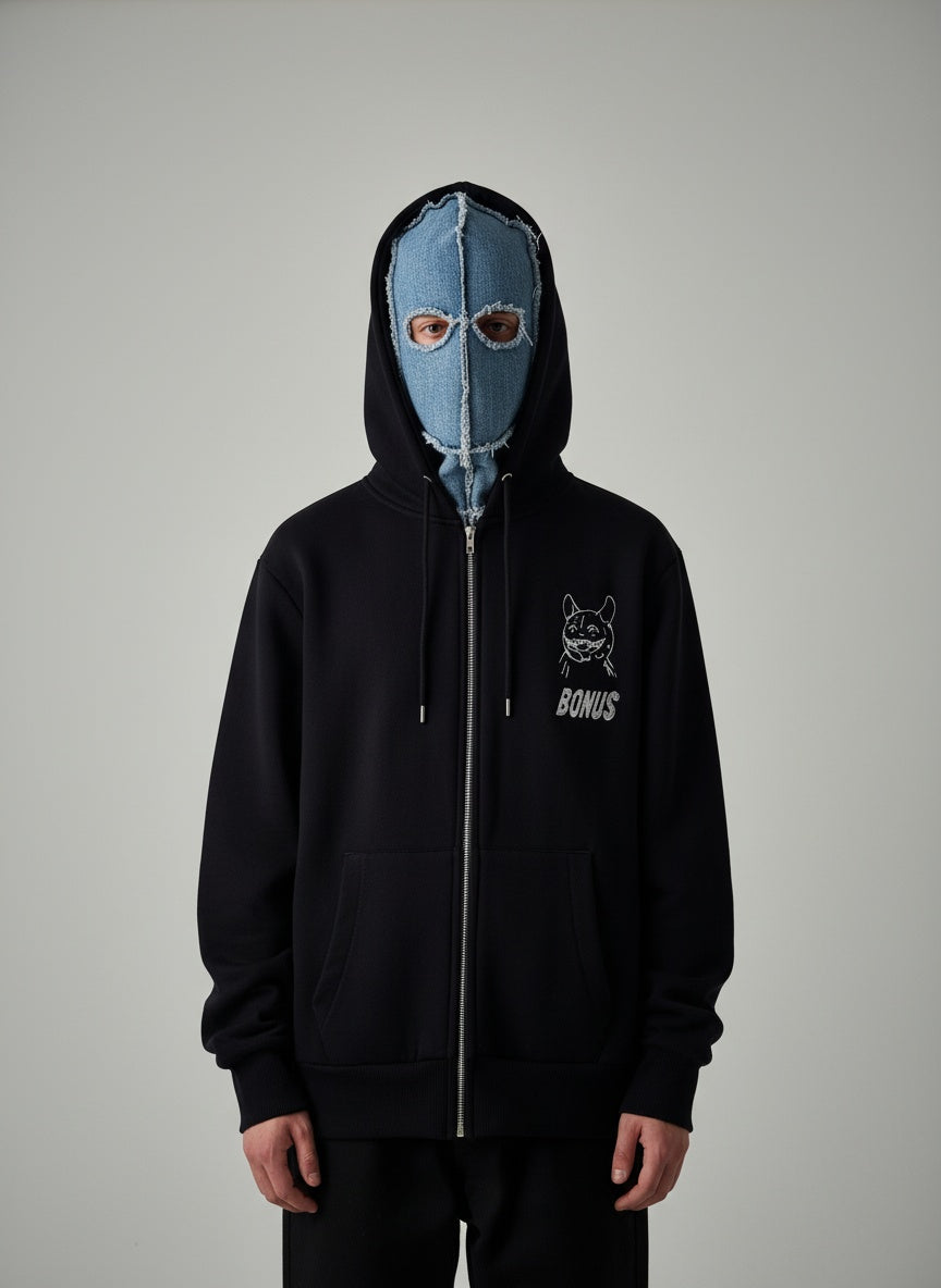 Front view dark blue zip hoodie — handcrafted streetwear  — unisex denim detailed hoodie 