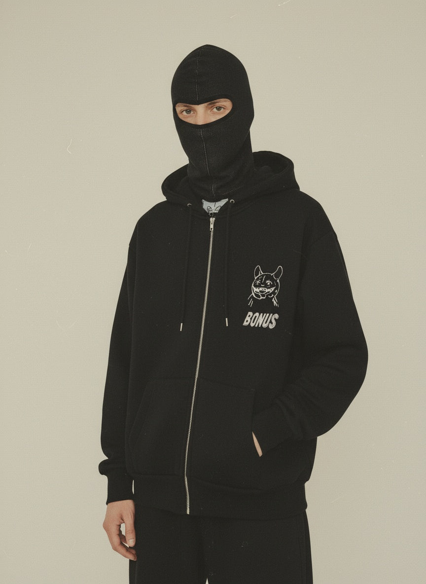 Close-up zipper detail — handcrafted dark blue hoodie — for women and men — winter basics 