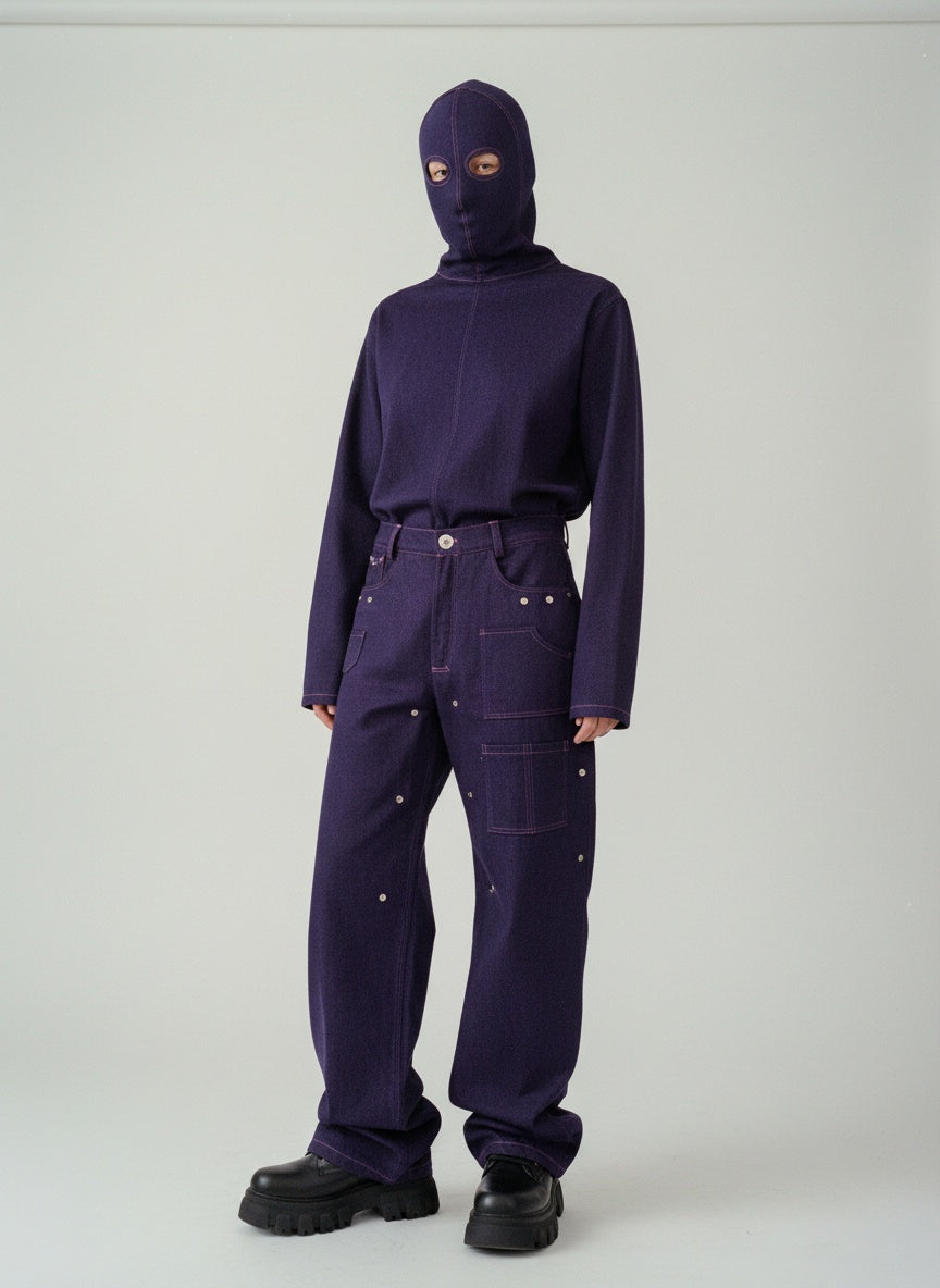 Raw denim texture close-up — artisanal handcrafted jeans — detailed multifunctional pants 