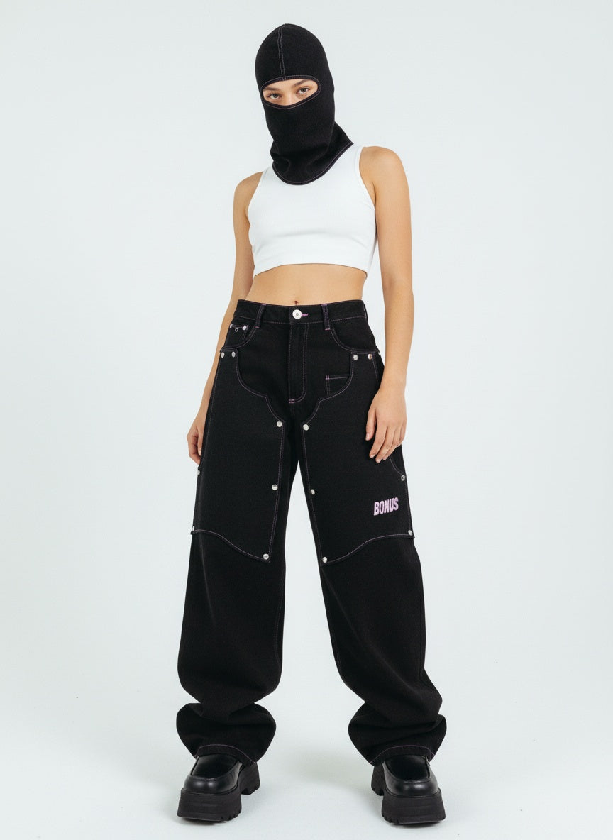 Denim jeans on model — premium streetwear front fit — unisex black multifunctional pants 