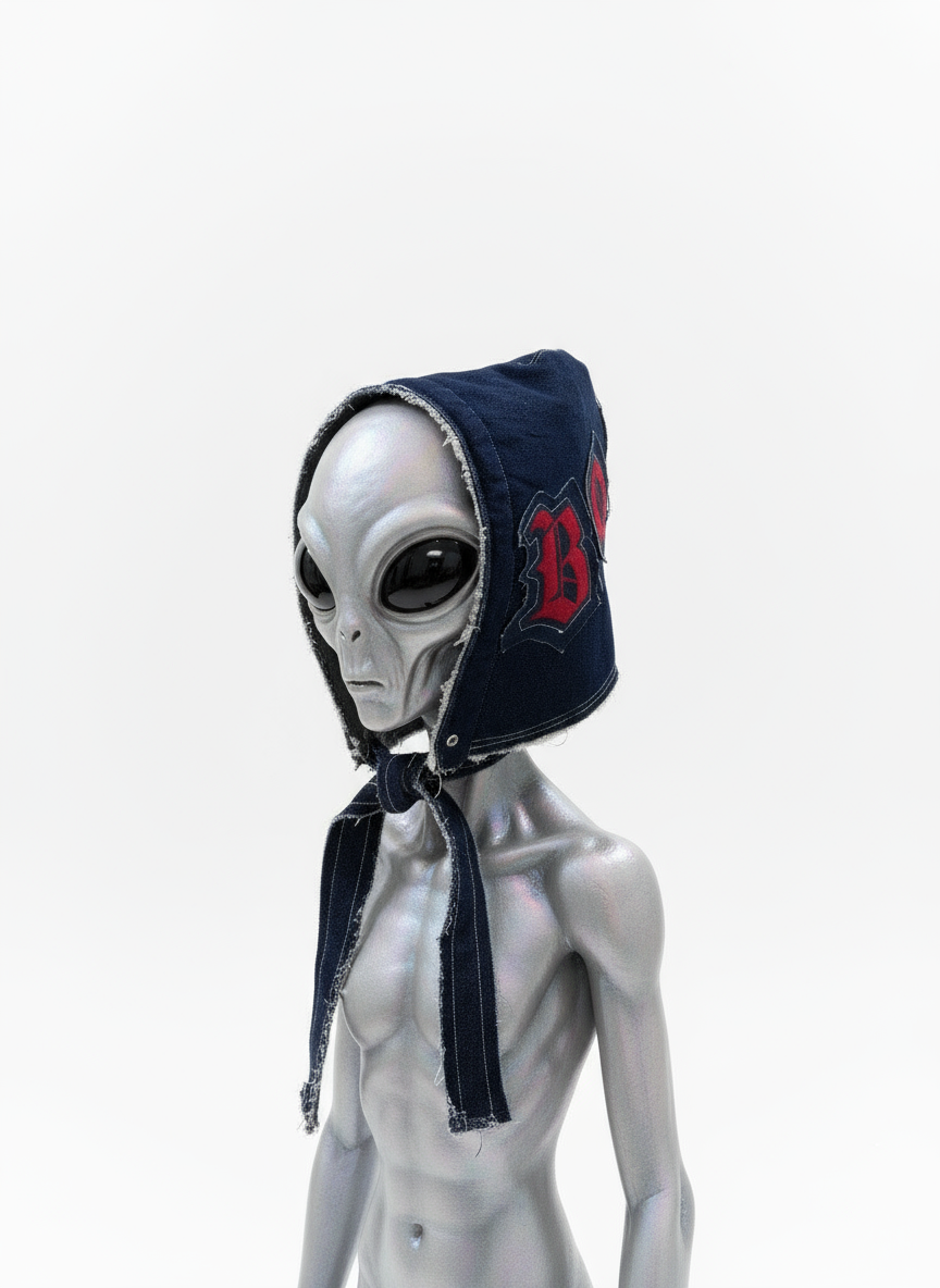 Denim by BONUS brand label on handcrafted hood — limited edition handcrafted detailed hat for winter, unisex accessory streetwear.