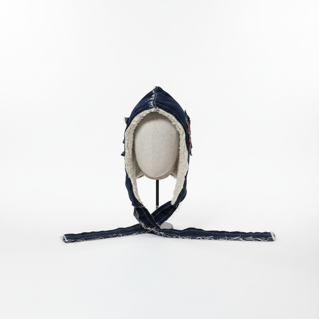 Denim close-up texture — raw fabric handcrafted hood unisex streetwear, classic blue denim color with red embroidery inspired in the 90s